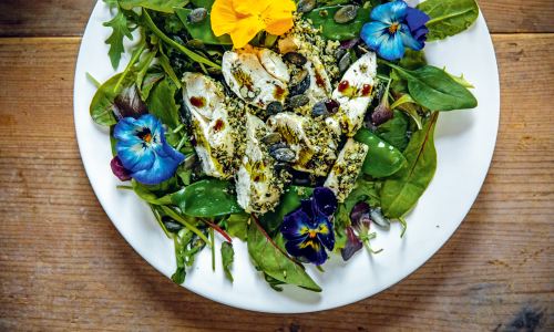Gesunder Rezepttipp: Hühnerbrust im Kürbiskern-Pfeffer-Mantel auf Blattsalat