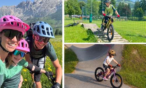 © Fotograf / Privat / Linda, Greta und Florian Linortner (links) waren in Obereggen zu Gast. Rechte Bilder: Greta und Clemens Balzer beim Testen der Eightshot-Bikes. Familienurlaub in den Original Kinderhotels Europa: Zwischen Pumptrack und Bergwelt